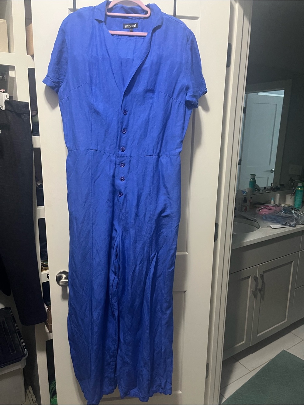 Mixed Blue Button-Front Short-Sleeve Jumpsuit